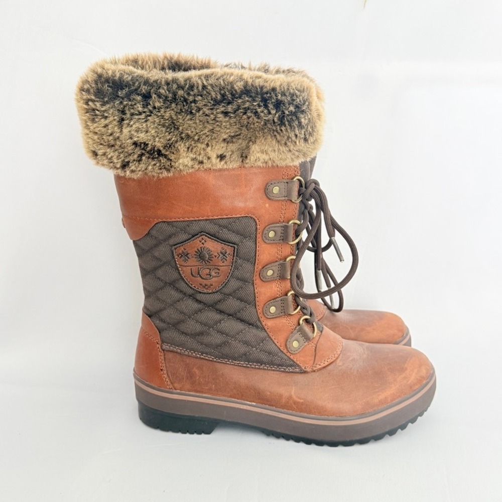 UGG Adirondack Tall Brown Leather Quilted Faux Fur Winter‎ Snow Boots Womens